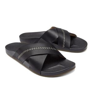 Like New - OluKai Black Leather Slide Sandals (W 8)